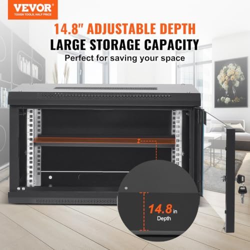 VEVOR 6U Wall Mount Network Server Cabinet, 14.8'' Deep, Server Rack Cabinet Enclosure, 200 lbs Max. Ground-Mounted Load Capacity, with Locking Glass Door Side Panels, for IT Equipment, A/V Devices - Image 2