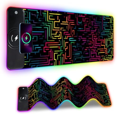 Wireless Charging RGB Gaming Mouse Pad, 31.5 x 11.8 Inch Extended Mouse Mat with Neon Geometric Line Design, LED Desk Pad with 7 Lighting Modes, Non-Slip Base for Gaming & Office by THISFIND