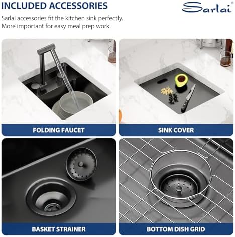 Sarlai Black Undermount Bar Sink With Foldable Faucet - 13x15 Inch Outdoor Black Kitchen Sink RV Workstation 16 Gauge Stainless Steel Single Bowl Handmade Outdoor BBQ Sinks with Lid - Image 5
