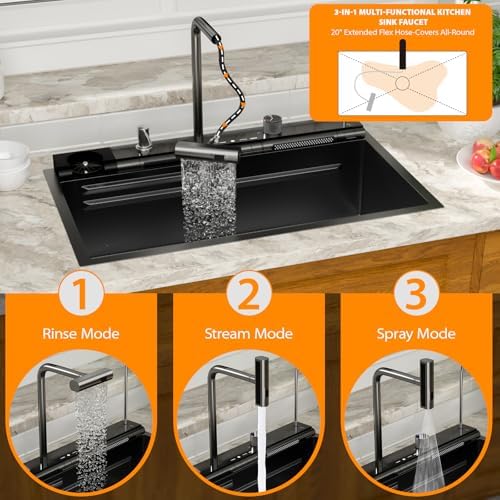 Mocoloo 30 Inch Black Honeycomb Waterfall Kitchen Sink Drop in, 30x19 Inch Stainless Steel Workstation Sink 16 Gauge Topmount Single Bowl LED Display Sink with Complete Kit - Image 5