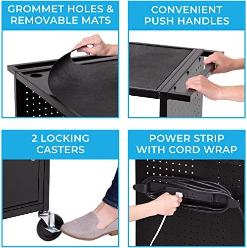 Line Leader Stellar AV Cart | Computer Cart with Pegboard Siding & 12 Hooks for Customizable Storage | Locking Cabinet & Pullout Keyboard Tray | UL Safety Certified Power Outlets | Locking Wheels  - Image 4