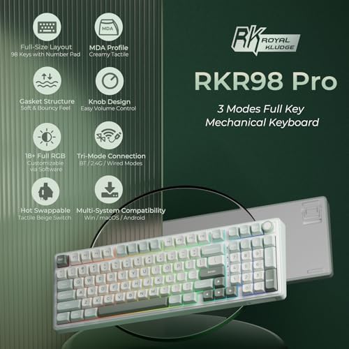 RK ROYAL KLUDGE R98 Pro Wireless Mechanical Keyboard, Creamy Bluetooth/2.4GHz/Wired RGB Gaming Keyboard with Number Pad and Knob, MDA Profile PBT Keycaps, Gasket Hot Swappable Tactile Switch, Green - Image 2