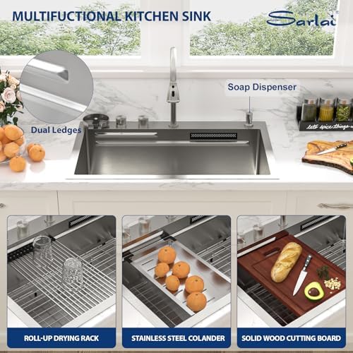Sarlai Waterfall Kitchen Sink 30 Inch Drop In Kitchen Sink Topmount 16 Gauge Stainless Steel 30x22 Inch Single Bowl Multifuction Workstation Top Mount Sinks with Double Knob - Image 7