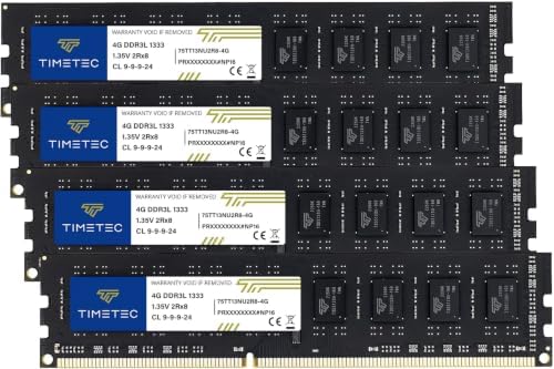 Timetec 16GB KIT (4x4GB) DDR3 / DDR3L 1333MHz PC3-10600 Non ECC Unbuffered 1.5V / 1.35V CL9 Dual Rank for Dell Optiplex 780 DT/MT/SFF Memory Ram Upgrade and More (Low Density 16GB KIT (4x4GB)) by Timetec