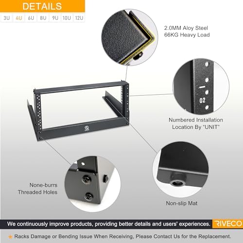 RIVECO 4u Tabletop Rack for Audio & Network, Desktop Rack Shelf Open Frame Sound Recording Shelf, Tappered Holes Black 2 Post - Image 2
