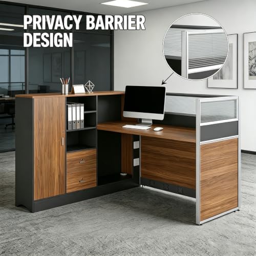 Modular Office Cubicle Workstation Desk with Privacy Panels and Cable Management,Long Computer Desk for Commercial Workspace, Sound Dampening Partition Wall (Oak+Grey, 59IN) - Image 5