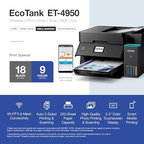 Epson EcoTank ET-4950 Wireless Duplex All-in-One Cartridge-Free Supertank Color Inkjet Printer, Fax, Black - Image 5