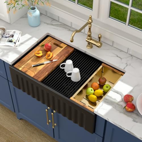 Lordear 33 Black Farmhouse Sink Workstation Porcelain Farm Kitchen Sinks Matte Black Single Bowl Basin 33x20x10 Inch Large Bowl Sink by LORDEAR
