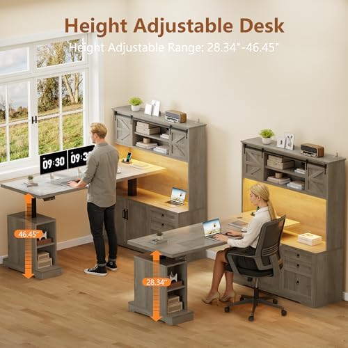 71" LED L Shaped Standing Desk with Hutch and Drawers Grey - Image 3