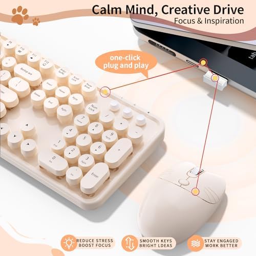 Wireless Keyboard Mouse, MOFII 104 Keys Cute Retro Typewriter Coffee - Image 4