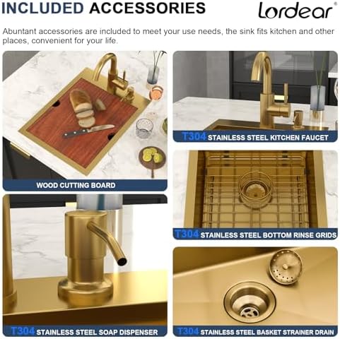 Bar Sink - Lordear 15x20 Inch Gold Bar Sink with Faucet Drop In Workstation 16 Gauge T304 Stainless Steel Single Bowl Top Mount Wet Bar RV Prep Outdoor Kitchen Sink 15x20x9 Inch - Image 5