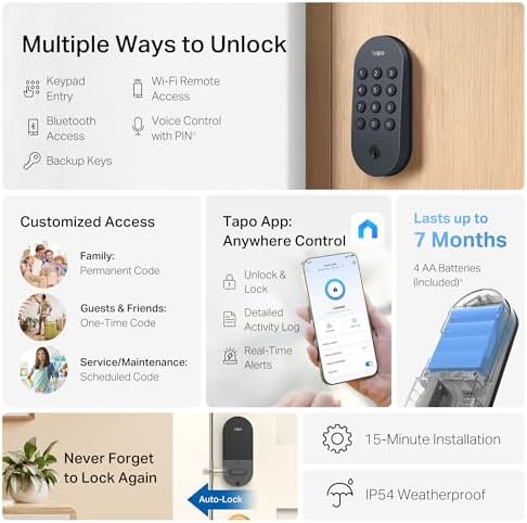 Tapo Smart Wi-Fi Deadbolt Door Lock, Keyless Tactile Buttons, DL100 - Image 3