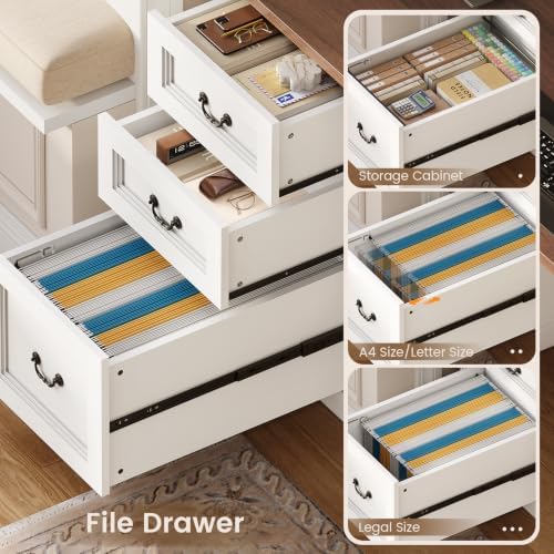 SEDETA Farmhouse L Shaped Electric Standing Desk with Hutch, 4 Drawers and Storage Cabinet, 106" Height Adjustable Office Executive Desk with Power Outlet, Led Lights for Two Person, White Brown - Image 4
