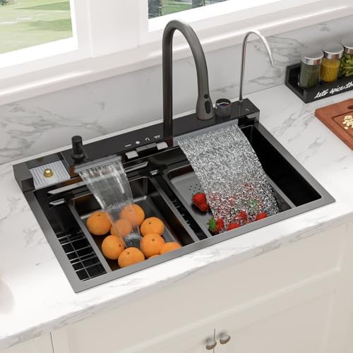 Sarlai Waterfall Kitchen Sink - 30 Inch Drop In Workstation Sink With Waterfall Black Stainless Steel 16 Gauge Multifunction Single Bowl Smart Top Mount Kitchen Sinks with Mechanical Keys 30x19 Inch by Sarlai