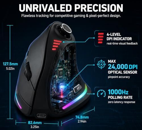TKMARS Wireless Ergonomic Vertical Gaming Mouse with Joystick, Bluetooth & 2.4G, 12 Programmable Buttons, Adjustable 24000 DPI, Rechargeable RGB Computer Mouse for PC, MacBook & Laptops - Image 4