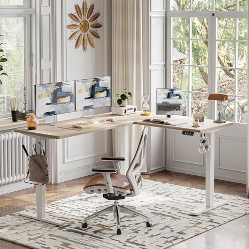 TIQLAB L Shaped Standing Desk Adjustable Height, Electric Corner Standing Desk, 63 x 55 inch Sit Stand Computer Table with Splice Board, Light Walnut - Image 6