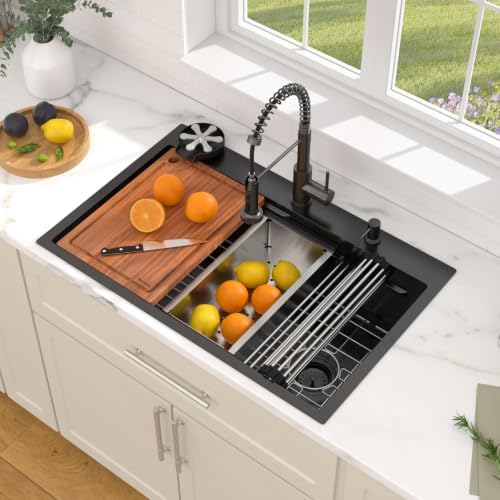 Dcolora 30"x21.2" Matte Black Drop In Kitchen Sink Workstation with Faucet - Image 2
