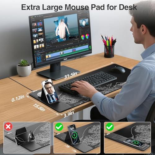 Wireless Charging Mouse Pad with Phone Holder, 31.5"x15.8" in, Black Wave - Image 3