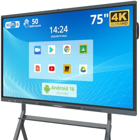 75 Smart Board, 4K UHD Interactive Whiteboard with Android 16 System and 48MP Camera, All in One Digital Whiteboard for Home, Classroom and Business (Wall Mount Included) by HUSHIDA