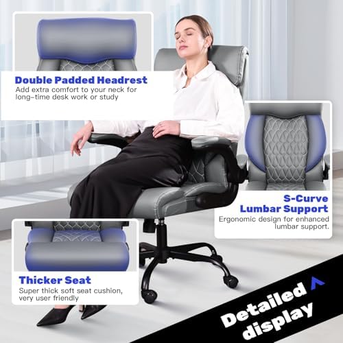 High Back Executive Office Chair - Ergonomic Computer Desk with Rocking Function, Leather Managerial with Adjustable Flip-Up Armrests and Lumbar Support - Image 5