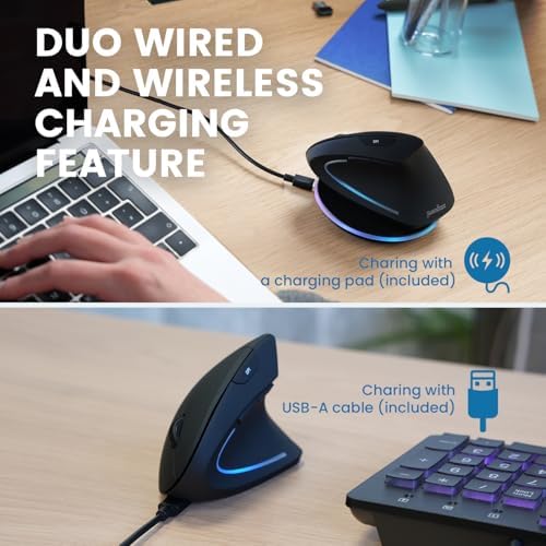 Perixx PERIMICE-713RX Wireless Rechargeable Vertical Mouse - Duo Wired and Wireless Charging Feature - Charging Pad Included - 6 Buttons Design - Black - Right-Handed Design - Image 5