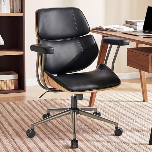Mid Century Walnut Bentwood PU Leather Office Chair with Arms, Black by BERYTH