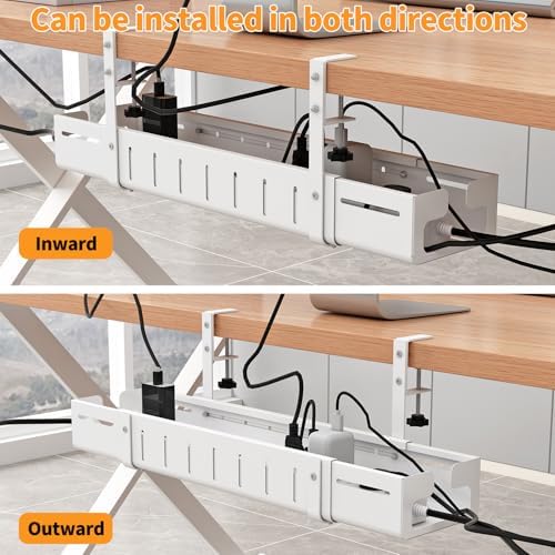 Under Desk Cable Management Tray, Expandable Length 25.2"-38.6",No Drill No Damage to Desk,Cable Tray with Clamp for with Wire Management,for Cord Organizer for Home Office Standing Desk, White - Image 4