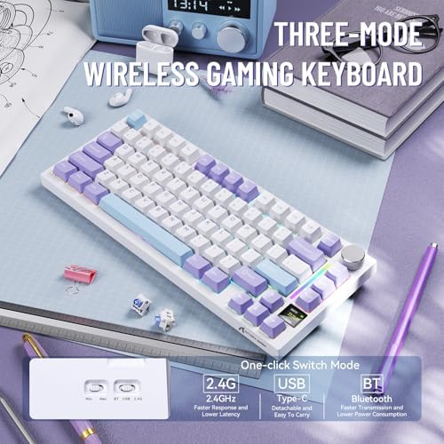 MAMBASNAKE Attack Shark X820 Ultra Wireless Mechanical Keyboard with TFT Smart Display&Knob,75% Bluetooth/2.4GHz/USB-C Wired Gaming Keyboard,Gasket-Mounted Linear Switch,for Win/Mac-White Purple - Image 2
