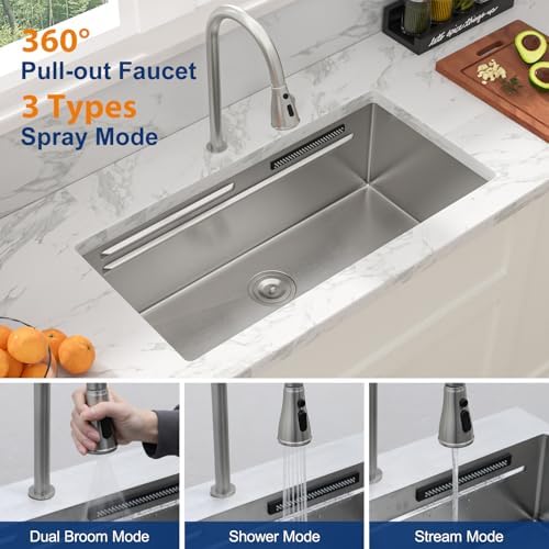 Sarlai 33 Inch Undermount Waterfall Kitchen Sink 33"x17" Sinks Workstation - Image 6