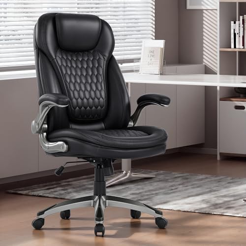 COLAMY High Back Executive Office Chair – Ergonomic PU Leather Desk Chair with Flip-Up Armrests,Height, Lumbar Support, Comfortable Computer Chair for Home Office – Black - Image 2
