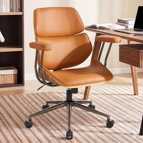 Mid Century Walnut Bentwood PU Leather Office Chair with Arms, Brown by BERYTH