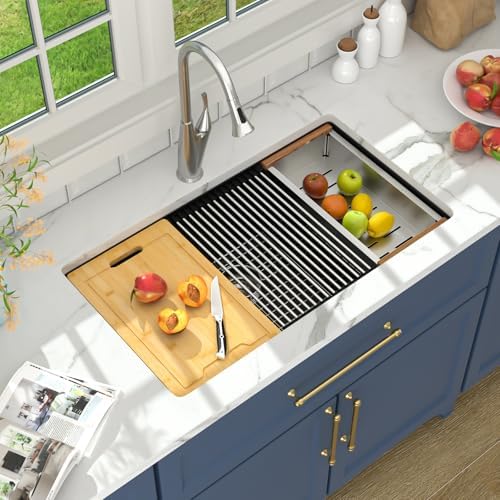 Lordear 33 Black Kitchen Sink Granite Composite Undermount Sink 33x19 Inch Quartz Composite Black Deep Single Bowl Workstation Undermount Kitchen Sinks - Image 2