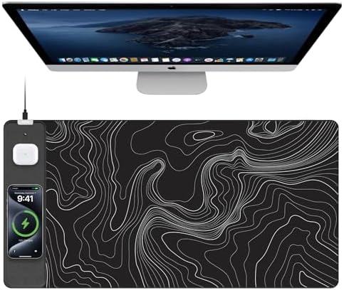 Mouse Pad with Wireless Charging, Large Desk Mat, Black Topographic Map #2 by TopmadeProduct-Ordernow