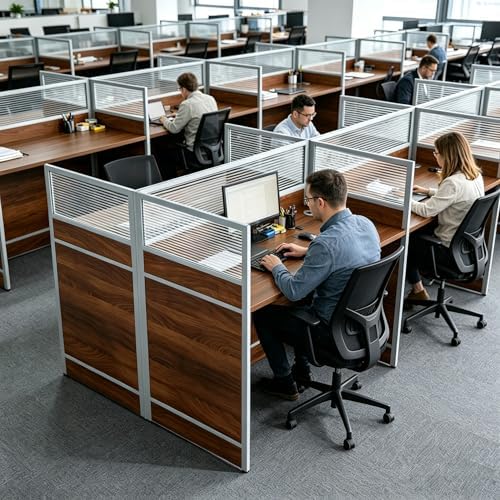 4-Person Office Cubicle Workstation Desk with Mute Privacy Panels & Cable Management, Computer Cubicles Desk for Home & Commercial Office Use, Walnut Finish - Image 2