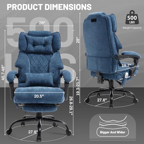 Office Chair with Foot Rest,3D Kneading Massage & Heat Executive Office Chairs for Heavy People,500LBS Big and Tall Office Chair,Ergonomic Reclining Desk Chair,Dual-Use Pillow,Home Office,BlueCloth - Image 3