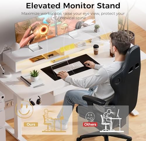 GTPLAYER Electric Standing Desk with Drawers, 55 x 24 Inch Height Adjustable Gaming Desk with Monitor Stand, Power Outlets & LED Lights, Home Office Sit Stand Up Desk with Memory Preset (White) - Image 5