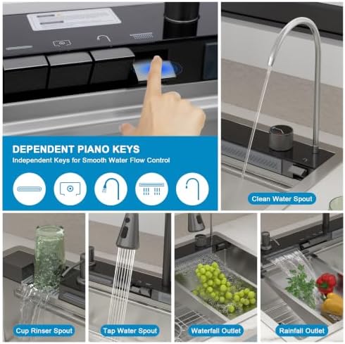 33"x22" Drop In Waterfall Kitchen Sink - 16 Gauge 304 Stainless Steel Ledge Workstation Top Mount Single Bowl Smart Waterfall Sink Basin with Faucet Combo & Glass Rinser - Image 6