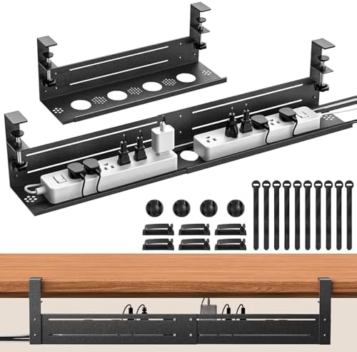 Under Desk Cable Management Tray - 18-29in Retractable Iron Cord Organizer, No-Drill Installation with Anti-Slip Pads, Desk Cable Tray for Office, Gaming,Standing Desks(Black) by Unknown