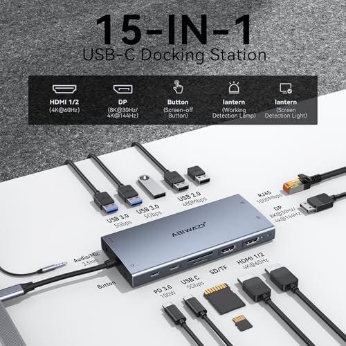 USB C Docking Station Dual Monitor, ABIWAZY 15 in 1 Laptop Docking Station - Image 2