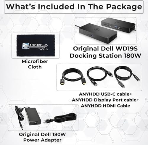 Dell WD19S Docking Station Dual Monitor Bundle - 180W, Supports 4K Display, Dell Dock with 180W Power Supply + 4K HDMI Cable + 4K DisplayPort Cable + USB-C Cable + Microfiber Cloth Included - Image 2