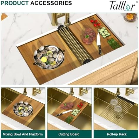 32"x19" Gold Undermount Kitchen Sink, Workstation All-In One Gold 16 Gauge T-304 Stainless Steel Under Counter Single Bowl Sink for Kitchen with Mixing Board & Pasta Strainer #TLU-0049 - Image 5
