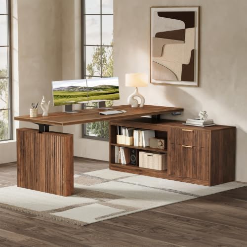 OffiGo Fluted 63 Inch L Shaped Electric Standing Desk with Storage, Walnut - Image 3