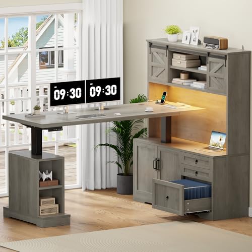 71" LED L Shaped Standing Desk with Hutch and Drawers Grey by Homiflex