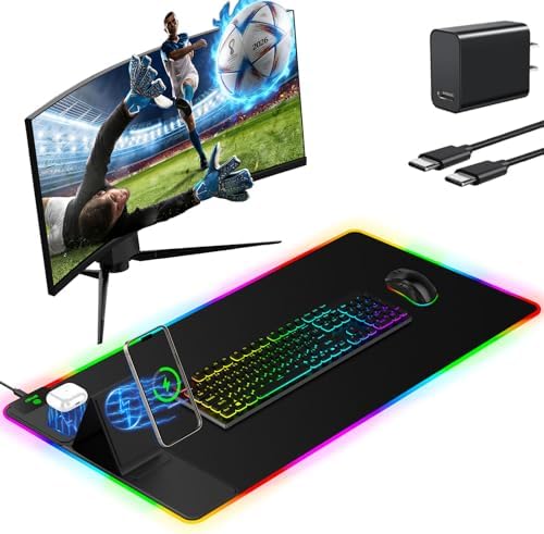 Mouse Pad with Wireless Charger Foldable Phone Holder, XXL RGB Gaming Mousepad 31.5"x15.8" Large Desk Mat for Keyboard, Black Desk Pad with Dual Qi Charging Station, 11 Colors 5 Modes by miroddi