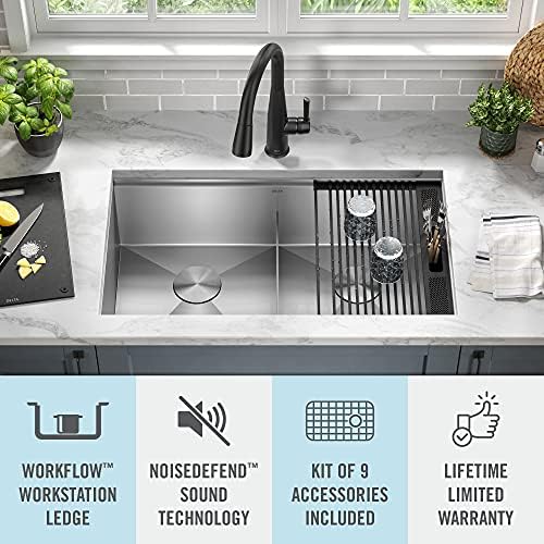 DELTA FAUCET Rivet 33-Inch Workstation Kitchen Sink Undermount 16 Gauge Stainless Steel 50/50 Double Bowl with WorkFlow Ledge and Chef’s Kit of 9 Accessories, 95B931-33D-SS - Image 3