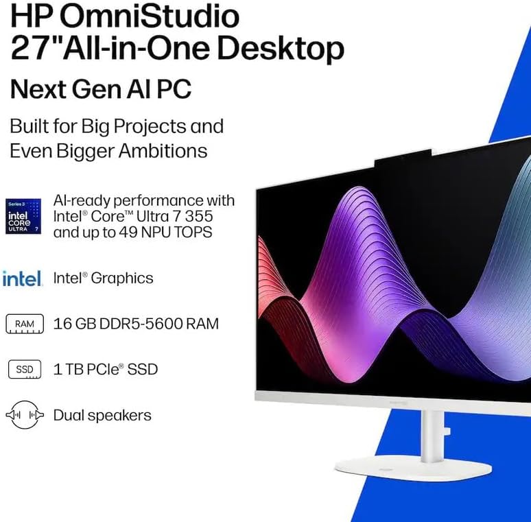 HP OmniStudio 27'' FHD All-in-One Desktop Computer, 16 GB DDR5, 1 TB SSD, Intel Core Ultra 7 355, 49 NPU Tops, 27" FHD IPS Touchscreen, Copilot AI PC, Wi-Fi 7, Wireless KB & Mouse, Windows 11 Pro - Image 2