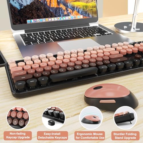 SkyGive Wireless Keyboard and Mouse Combo, Ergonomic Full Size Typewriter Retro Round Keycaps Keyboard, Compatible with Windows, PC, Perfect for Home and Office Keyboards (Aurora Red) - Image 6