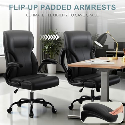 Executive Office Chair,High Back Ergonomic Comfy Desk Chair with Padded Flip-up Armrests and Wheels,PU Leather Heavy Duty Computer Swivel Rolling Task Chair for Home Office,Adults,Black - Image 5