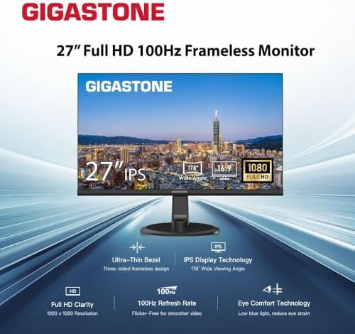 Gigastone 27 inch IPS LED Back Light Monitor 2-Pack 100Hz FHD 1920 x 1080,178°WideView,Frameless, Dual Monitor, MPRT 1ms, Built-in Speakers, Eye Care Technology, Ergonomic Tilt VESA Mount, HDMI VGA - Image 2