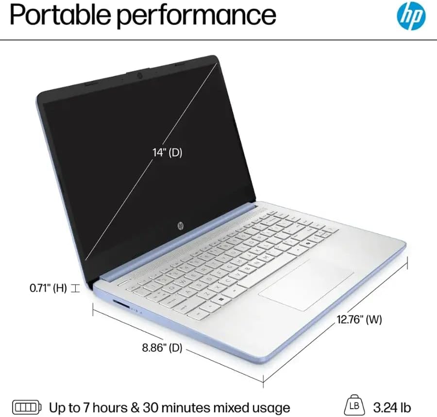 HP 14" Business Laptop Computer with Microsoft Office 365, 4-Core Intel Processor, 128GB Storage, 4GB RAM, Windows 11, SageNova Earphones, Sky Blue - Image 6
